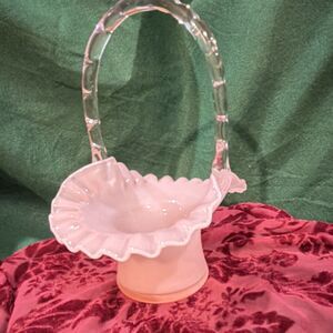 Fenton Art Glass Decorative Pink Basket with Clear Bamboo Handle, Glossy Finish